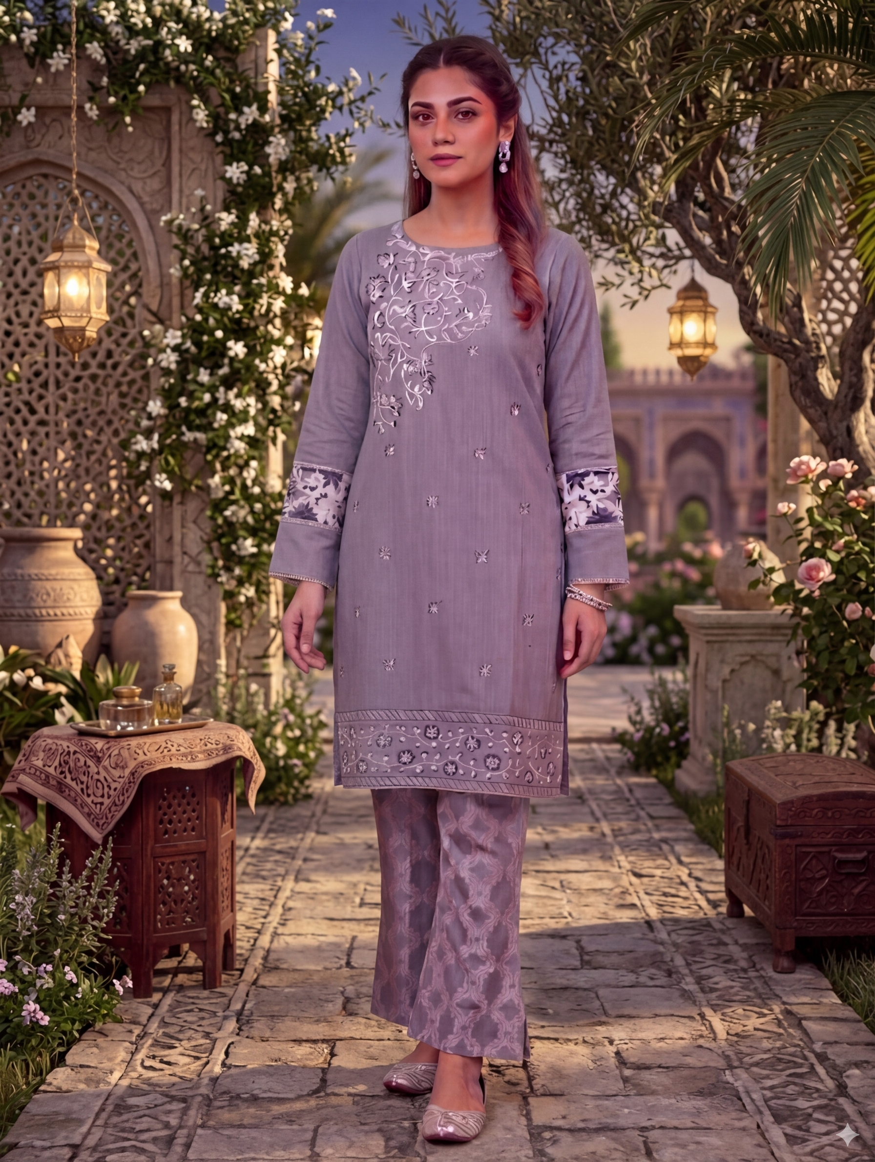 Lf042- 3pc Broche Embroidered Shirt With Broche Trouser And Organza Dupatta