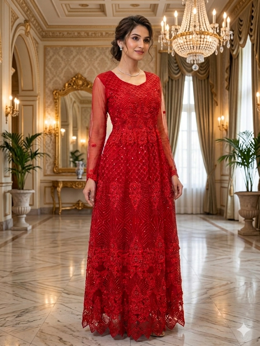 Lf060- 3pc Fancy Embroidered Beet Work Maxi With Net Dupatta And Silk Trouser