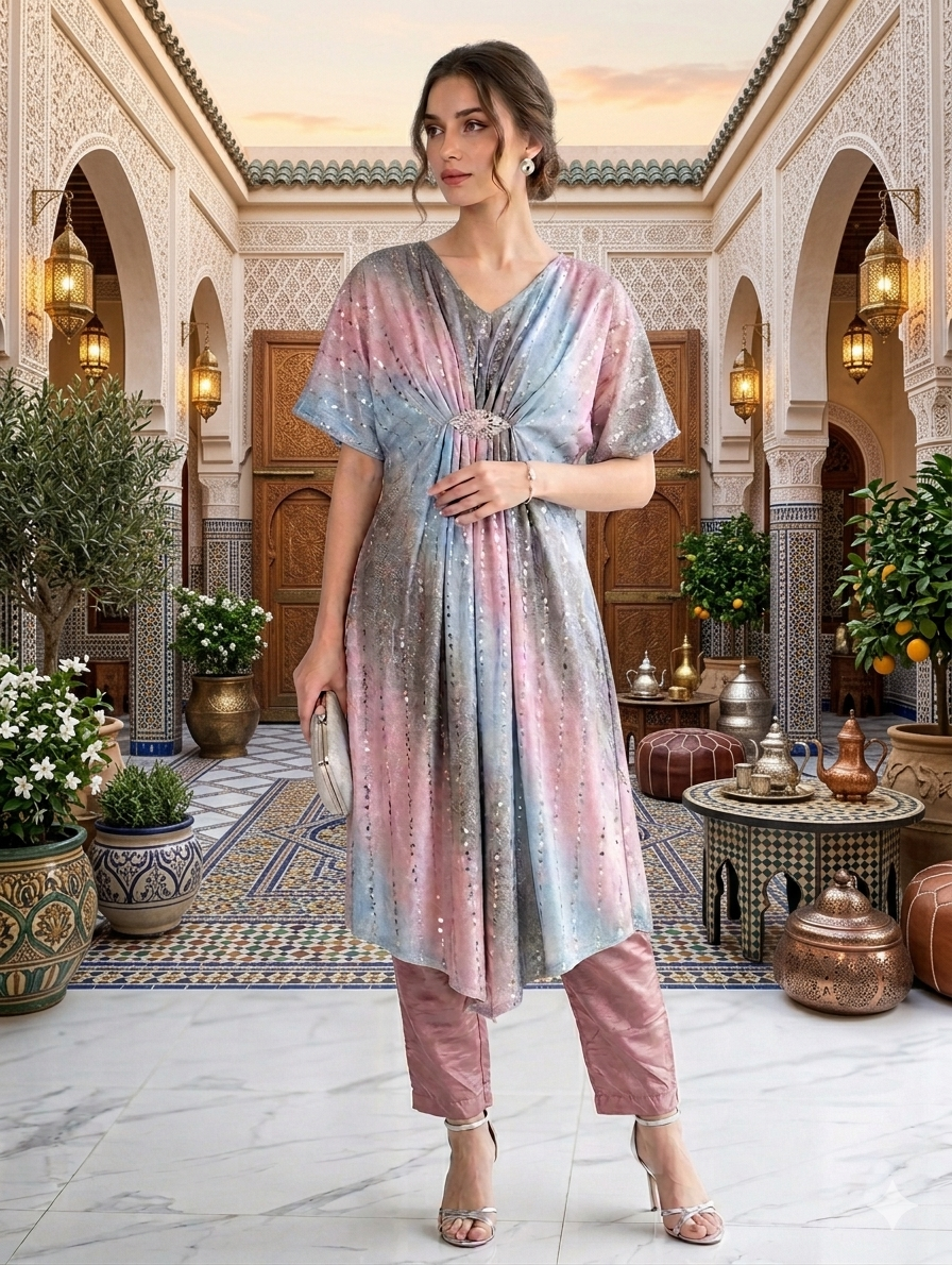 Lf053- 2pc Fancy Moonlight Kaftan With Trouser