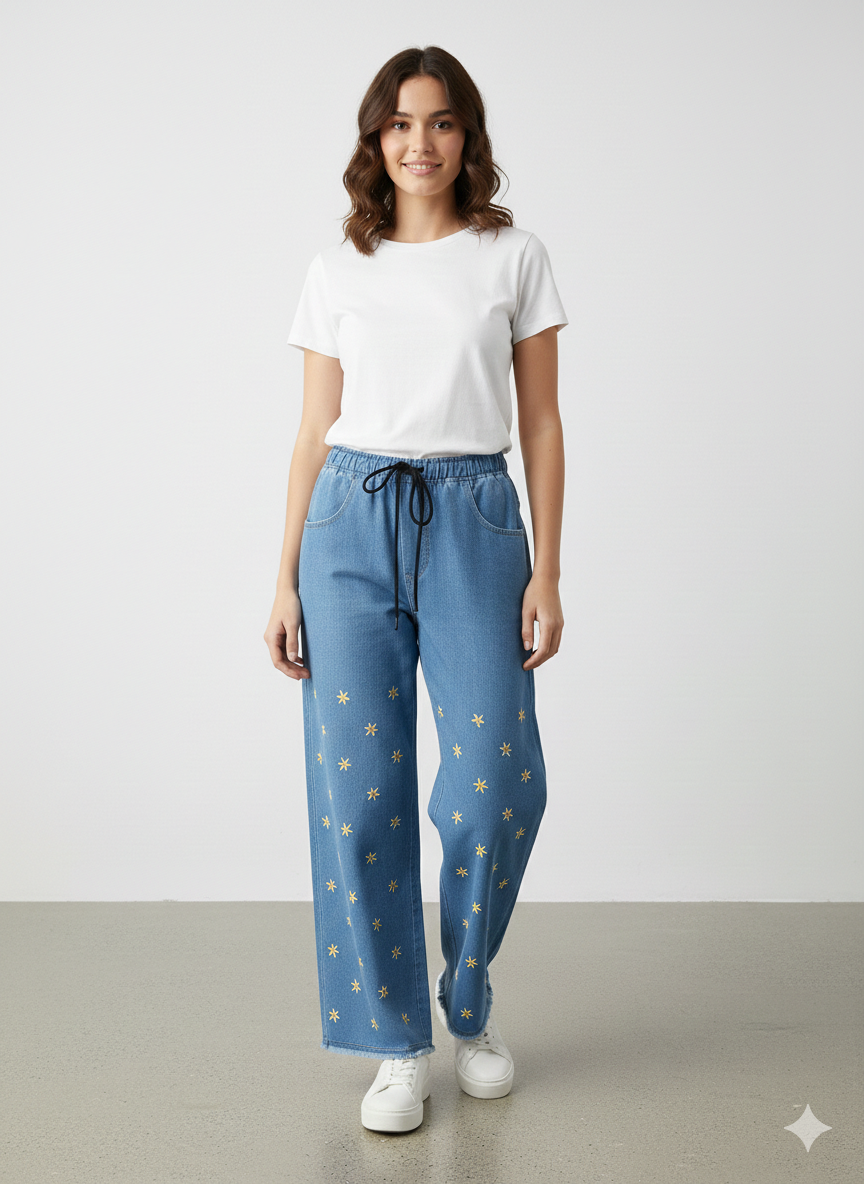 J022- Embroidered Sunflower Baggy Jeans