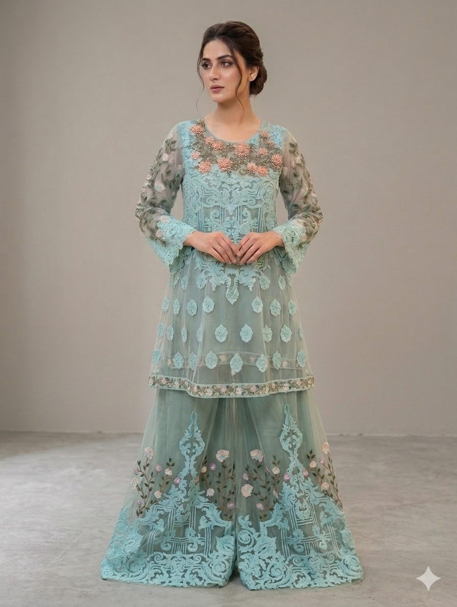 Lf090-3pc Net heavy Embroidered Frock With Net Embroidered Flapper And Dupatta