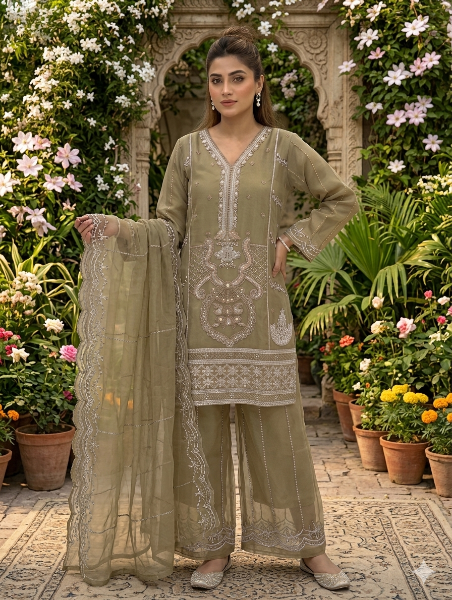 Lf033- 3pc Organza Embroidered Shirt With Trouser And Dupatta