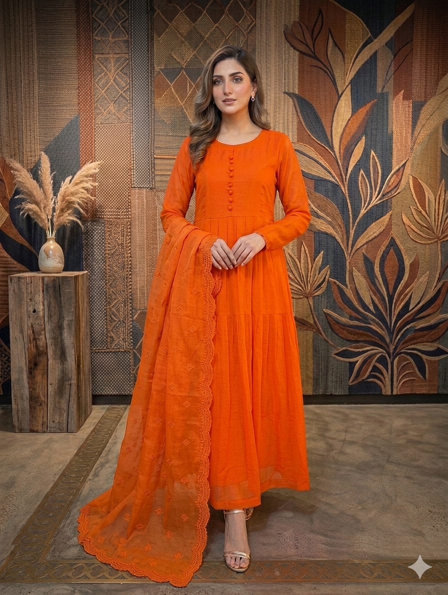 Lf052-3pc Shafoon Maxi With Trouser And Shafoon Dupatta